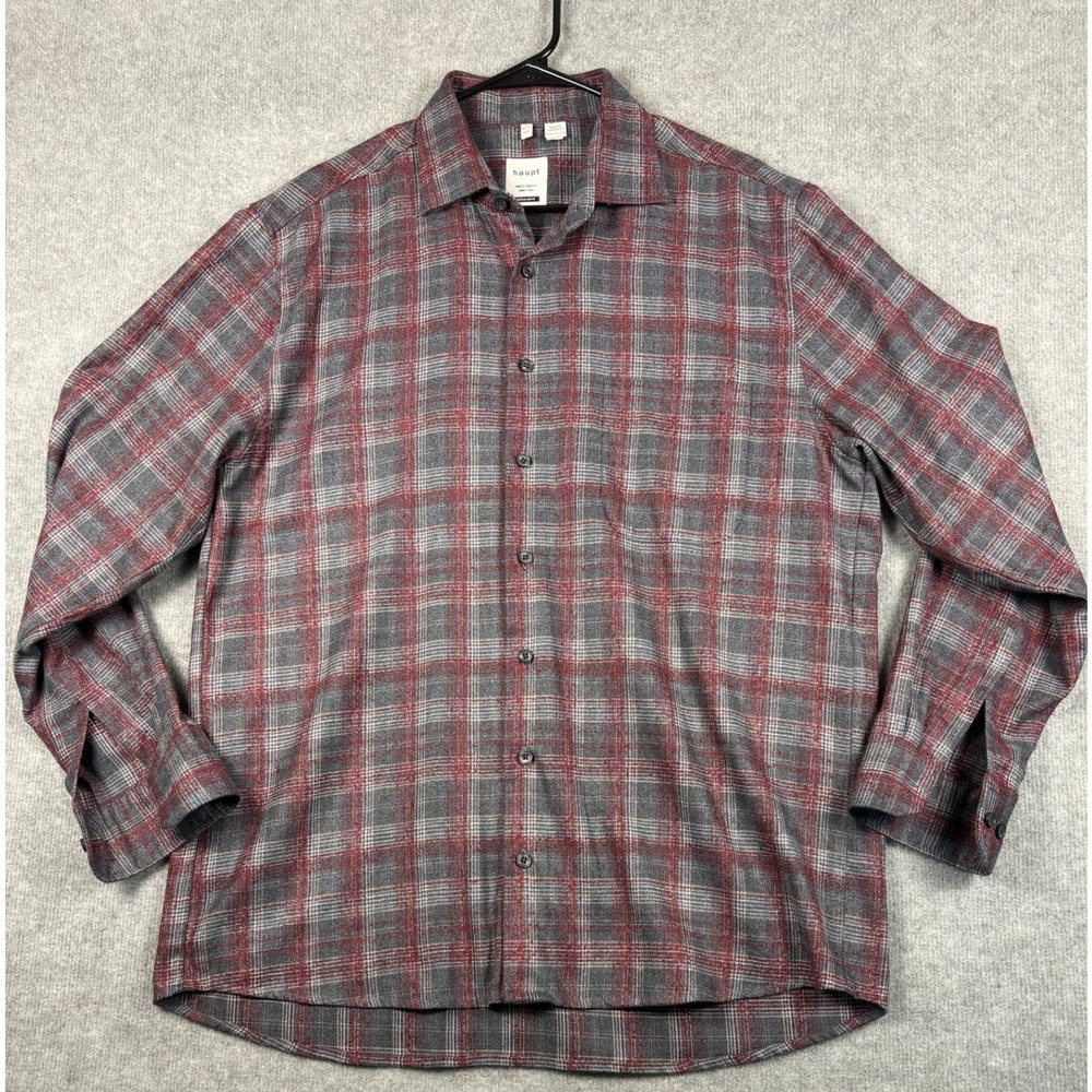 Haupt Regular Fit Plaid Button Down Shirt L Grey Red Long Sleeve Mens